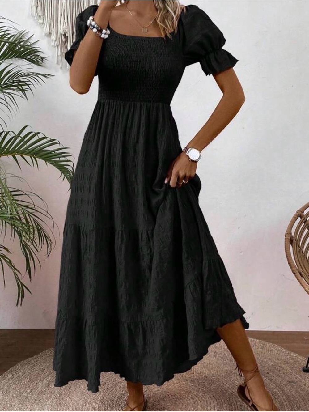 Black Smocked Flowy Puff Sleeve Maxi Dress